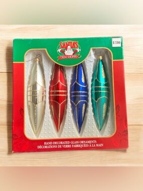 Vintage Santa's Trim Shoppe Hand Decorated Glass Ornaments Set Teardrop Set of 4